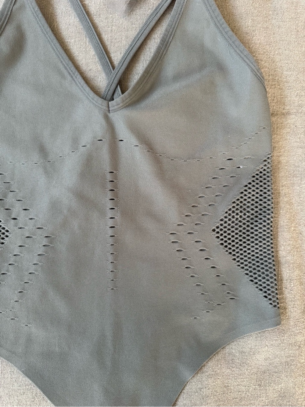 ALO Yoga Olive Green Perforated Bodysuit with Cross-Back Straps - Picture 5 of 8